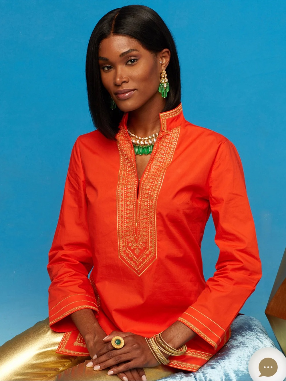 NWT Nicoblu Maharani Tunic In Coral Orange Embroidered In Gold Filigree Medium P
